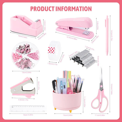 Pink Desk Organizers and Accessories with Desk Organizer 360° Rotating Pen Holder and Office Supplies, Cute Stationery Supplies Set