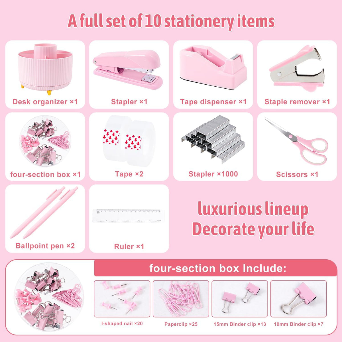 Pink Desk Organizers and Accessories with Desk Organizer 360° Rotating Pen Holder and Office Supplies, Cute Stationery Supplies Set