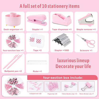 Pink Desk Organizers and Accessories with Desk Organizer 360° Rotating Pen Holder and Office Supplies, Cute Stationery Supplies Set
