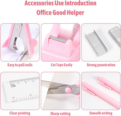 Pink Desk Organizers and Accessories with Desk Organizer 360° Rotating Pen Holder and Office Supplies, Cute Stationery Supplies Set