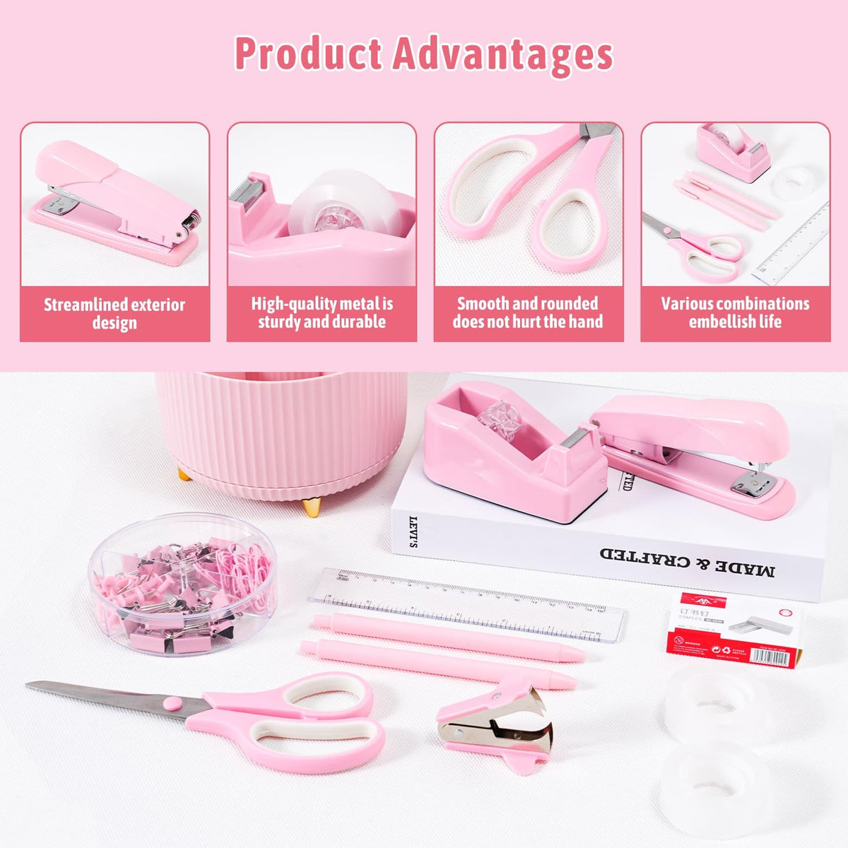 Pink Desk Organizers and Accessories with Desk Organizer 360° Rotating Pen Holder and Office Supplies, Cute Stationery Supplies Set