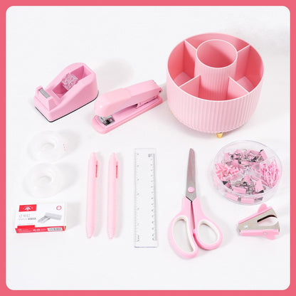 Pink Desk Organizers and Accessories with Desk Organizer 360° Rotating Pen Holder and Office Supplies, Cute Stationery Supplies Set