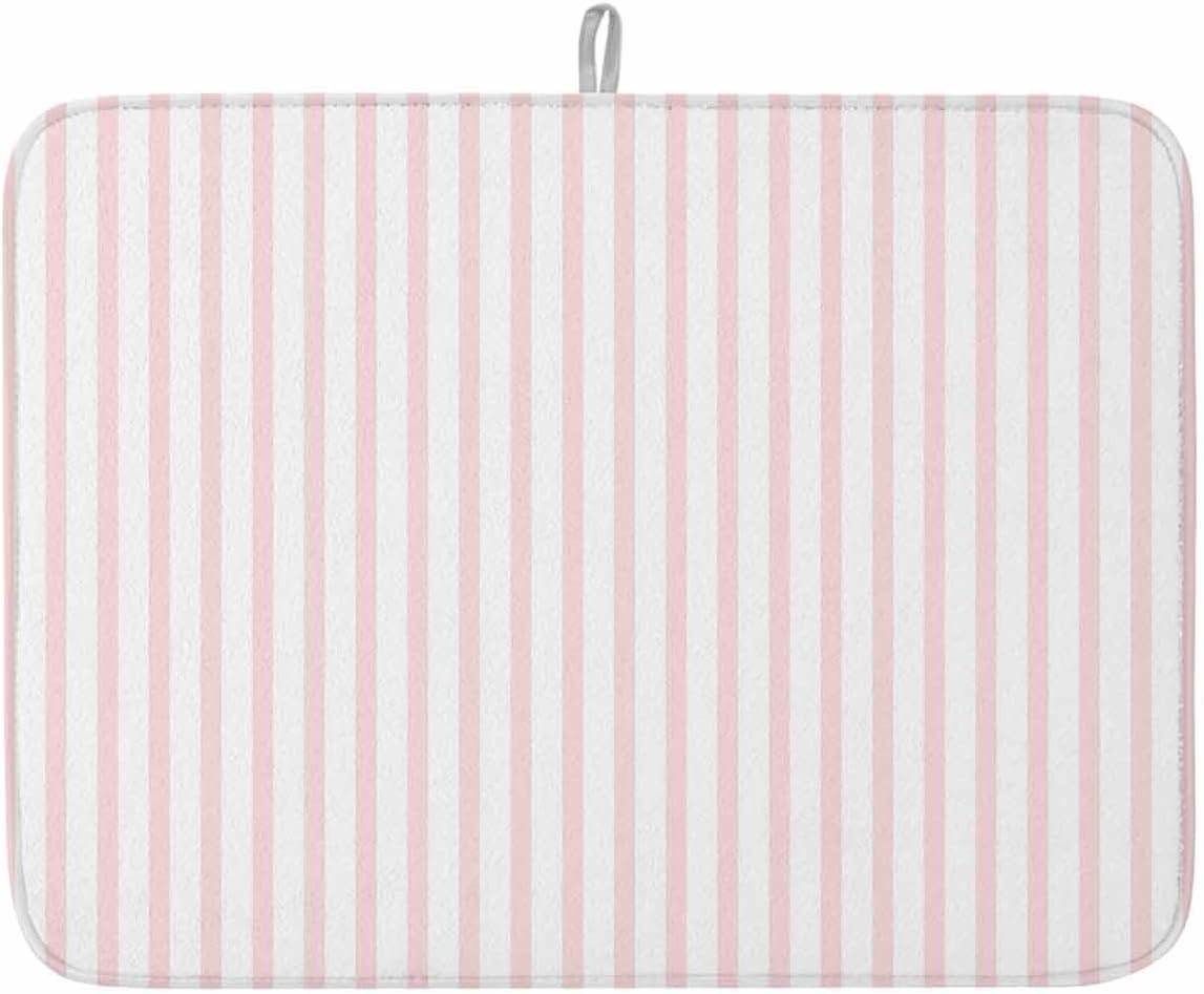 Pink Striped Dish Drying Mat 1 Pack, Modern Stripes Farmhouse Rustic Simple Absorbent Heat Insulating Kitchen Drying Pad Drainer Mats for Sink Counter Pot Dishes 18 X 24 Inch
