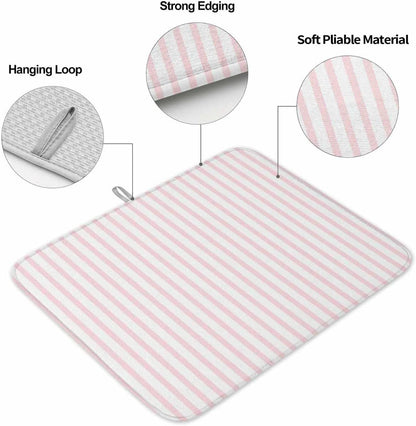 Pink Striped Dish Drying Mat 1 Pack, Modern Stripes Farmhouse Rustic Simple Absorbent Heat Insulating Kitchen Drying Pad Drainer Mats for Sink Counter Pot Dishes 18 X 24 Inch