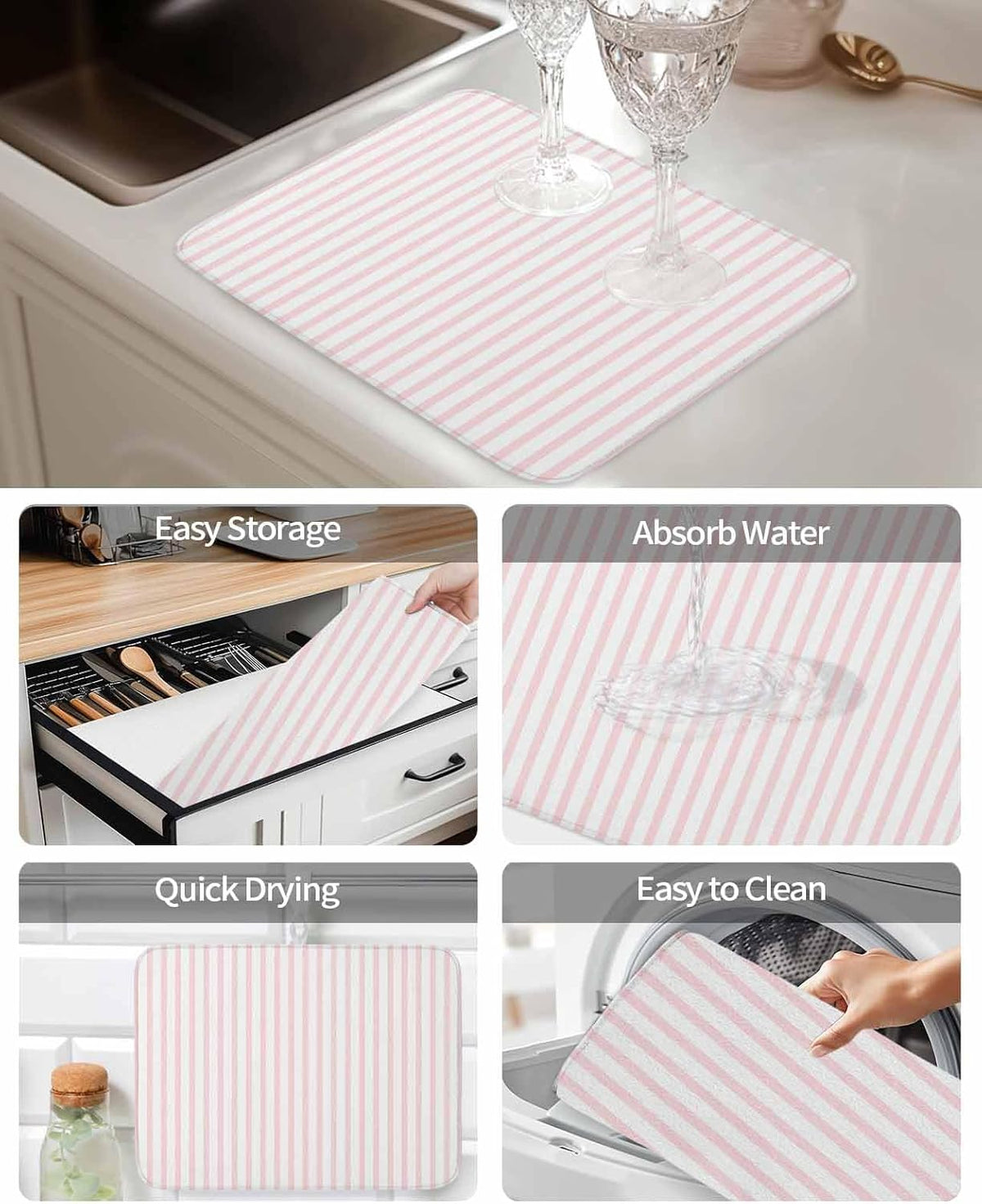 Pink Striped Dish Drying Mat 1 Pack, Modern Stripes Farmhouse Rustic Simple Absorbent Heat Insulating Kitchen Drying Pad Drainer Mats for Sink Counter Pot Dishes 18 X 24 Inch