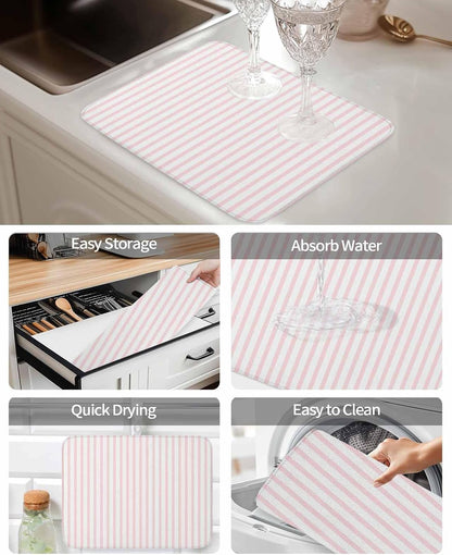 Pink Striped Dish Drying Mat 1 Pack, Modern Stripes Farmhouse Rustic Simple Absorbent Heat Insulating Kitchen Drying Pad Drainer Mats for Sink Counter Pot Dishes 18 X 24 Inch