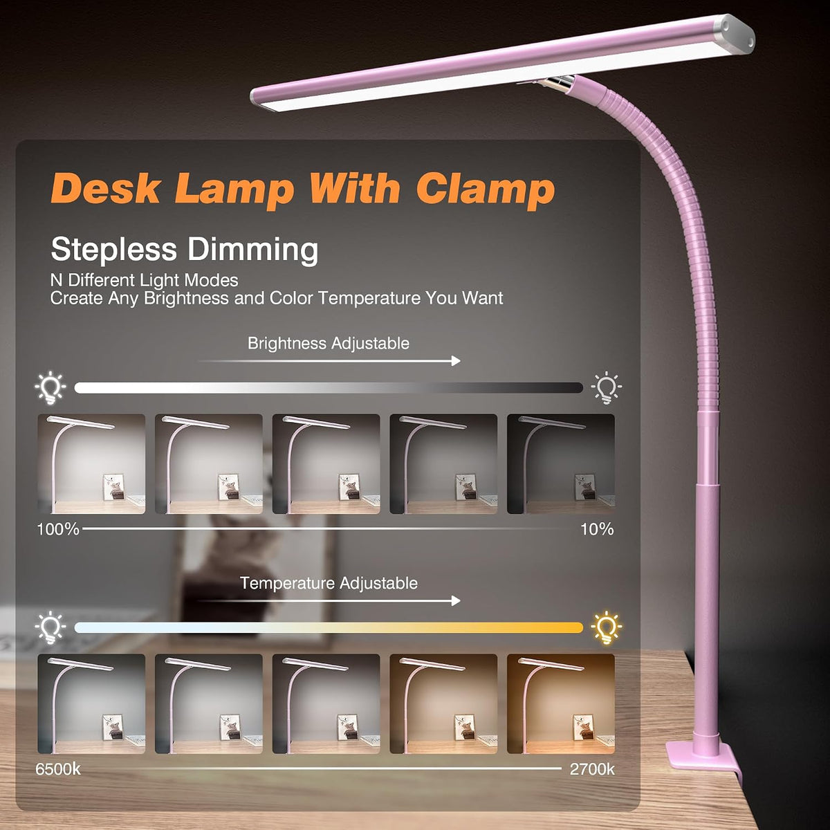 LED Desk Lamp with Clamp, 17" Stepless Dimming Light (Pink)