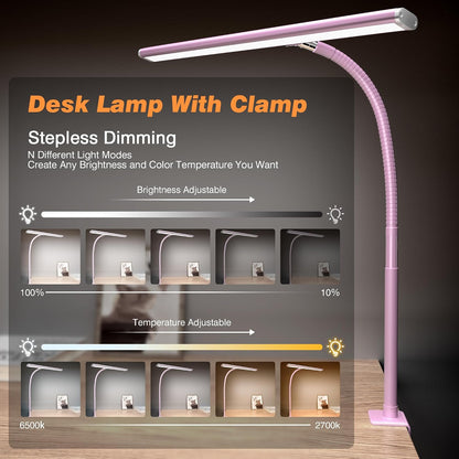 LED Desk Lamp with Clamp, 17" Stepless Dimming Light (Pink)