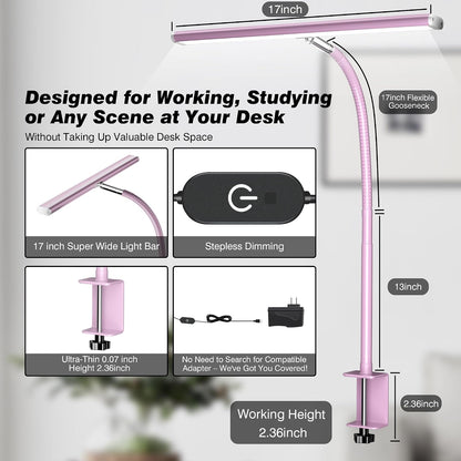 LED Desk Lamp with Clamp, 17" Stepless Dimming Light (Pink)