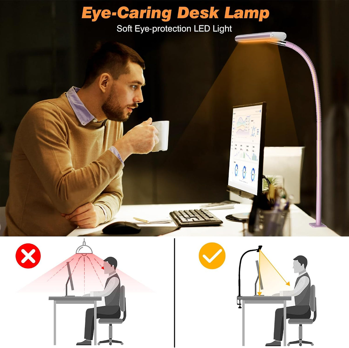 LED Desk Lamp with Clamp, 17" Stepless Dimming Light (Pink)
