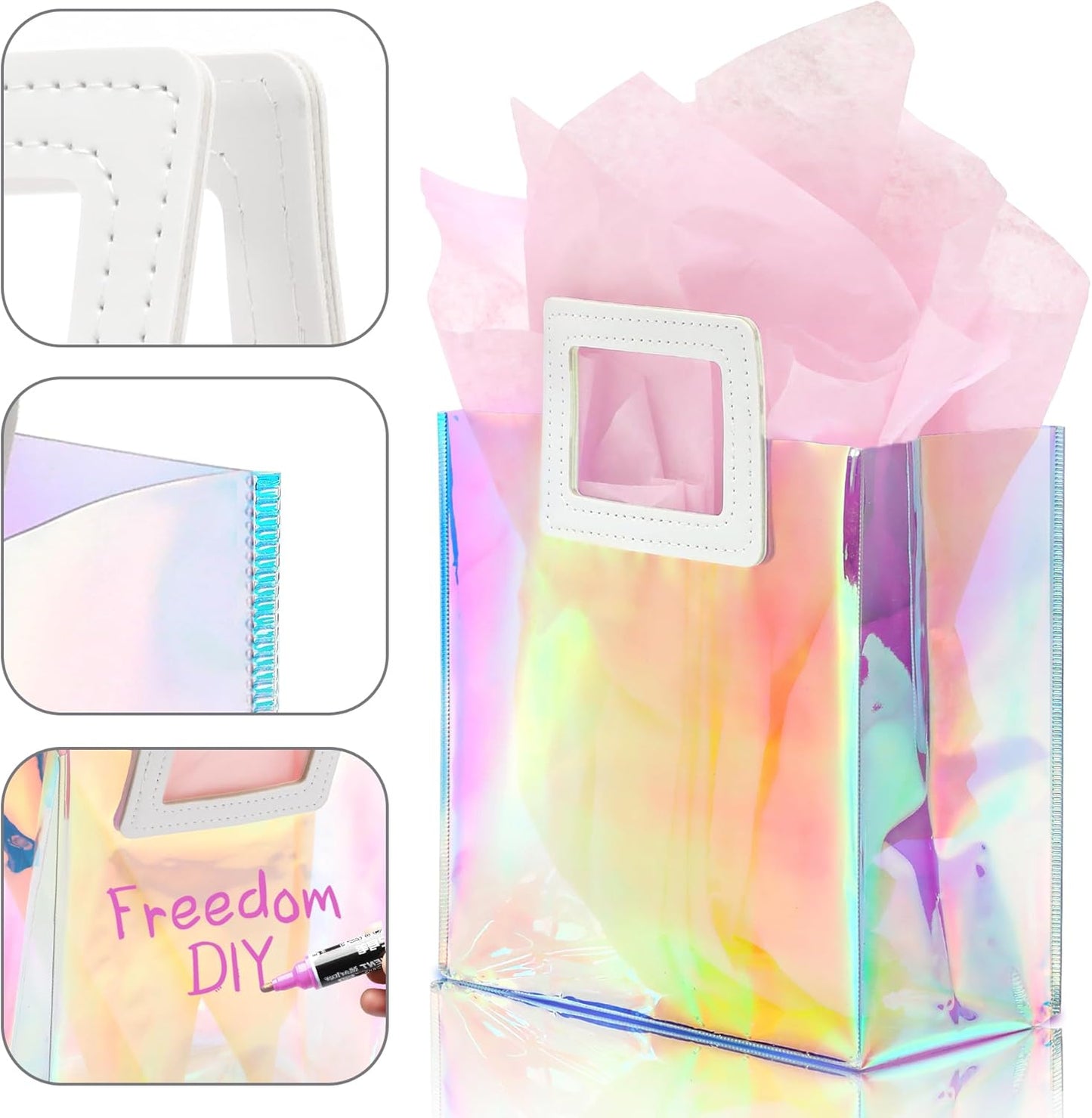 1 Pack Holographic Gift Bags with Handles & 2 Tissue Paper Sheets – Iridescent Transparent Reusable Bags for Women, Girls, Birthdays, Weddings，Pink Gift Bag