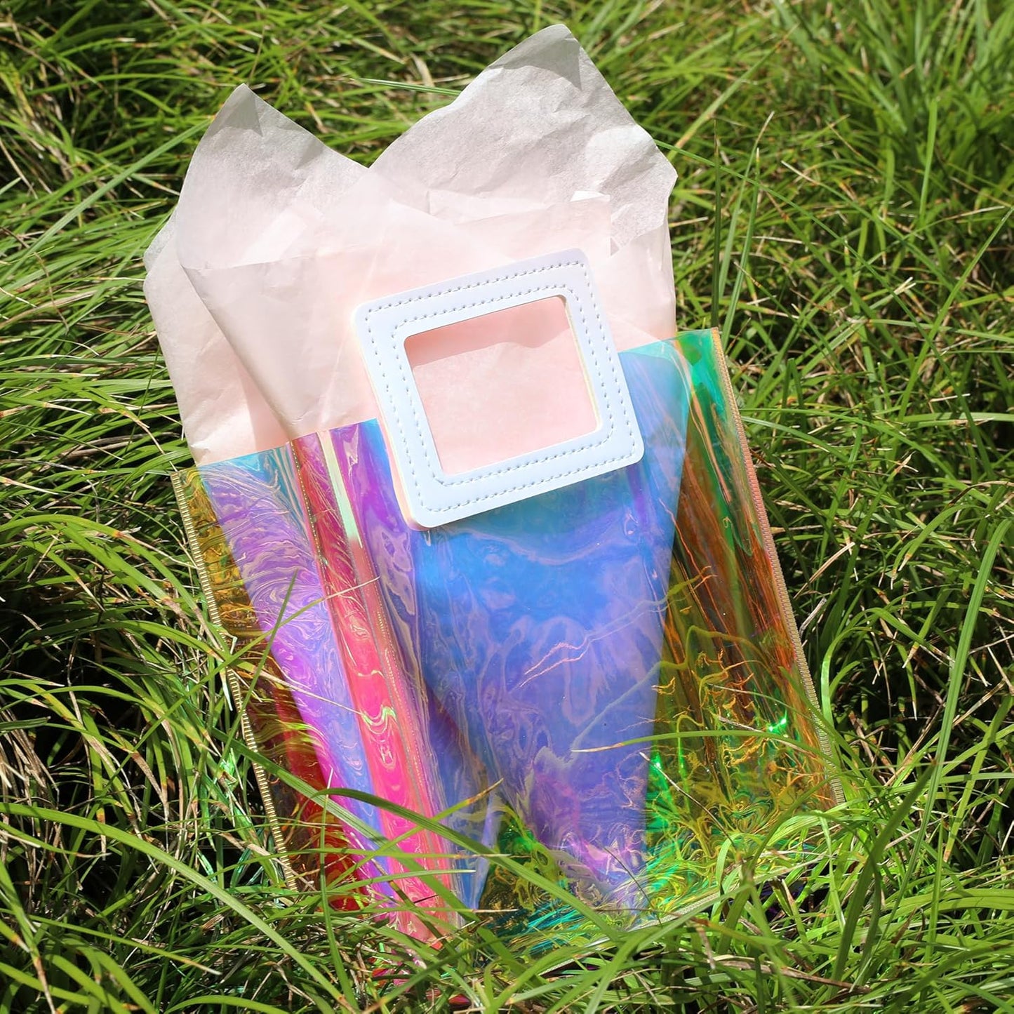 1 Pack Holographic Gift Bags with Handles & 2 Tissue Paper Sheets – Iridescent Transparent Reusable Bags for Women, Girls, Birthdays, Weddings，Pink Gift Bag