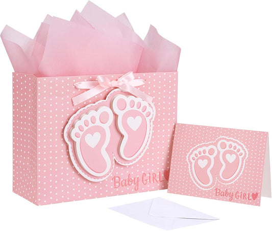 13" Pink Gift Bags with Tissue Paper, Gift Card, Foot Print & Baby Girl Lettering Design for Baby Shower, Little One, 1st Baby Girls' Birthday