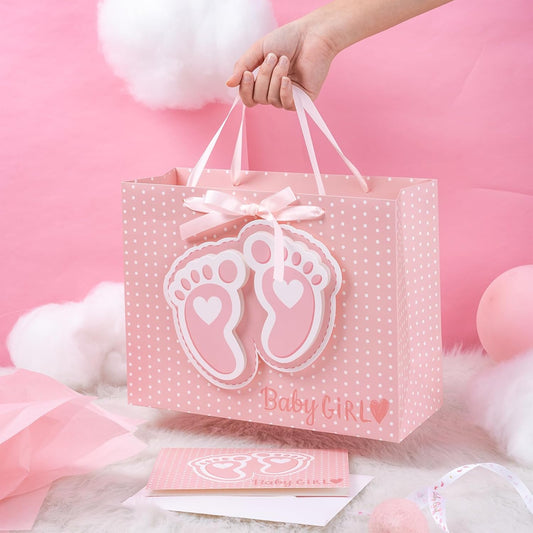 13" Pink Gift Bags with Tissue Paper, Gift Card, Foot Print & Baby Girl Lettering Design for Baby Shower, Little One, 1st Baby Girls' Birthday