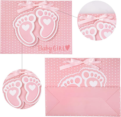 13" Pink Gift Bags with Tissue Paper, Gift Card, Foot Print & Baby Girl Lettering Design for Baby Shower, Little One, 1st Baby Girls' Birthday