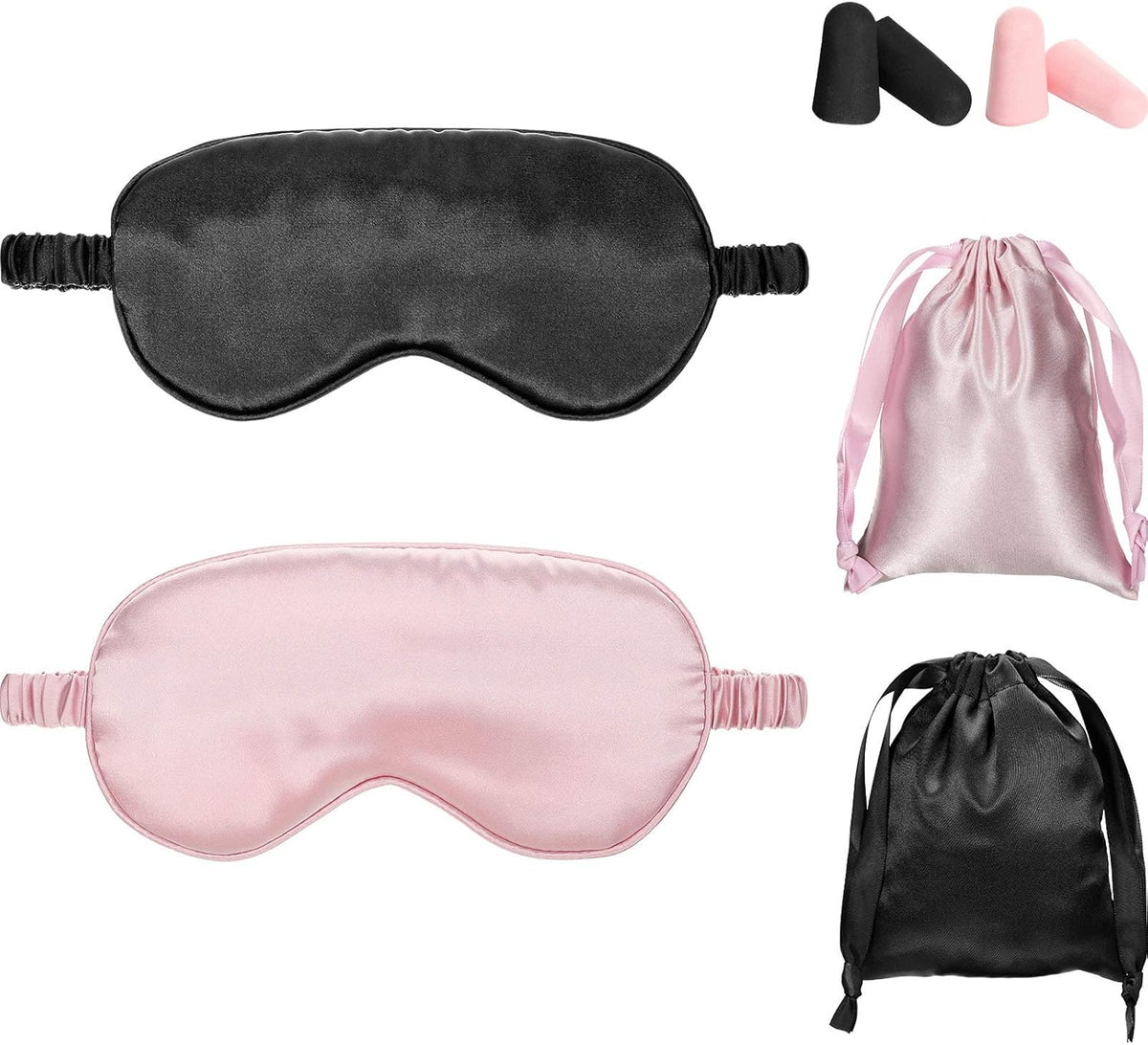Silk Satin Sleep Mask with Ear Plugs, Blindfold,Black, Pink