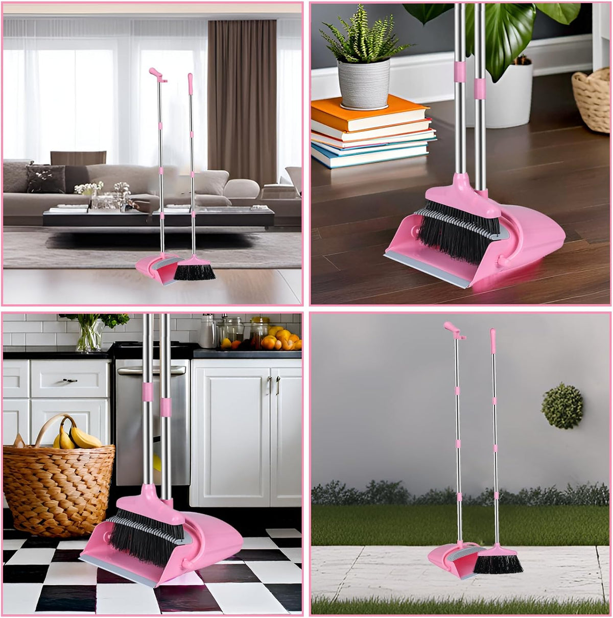 Broom and Dustpan Set, Broom with Dustpan Combo Set for Home Office Kitchen(Pink)