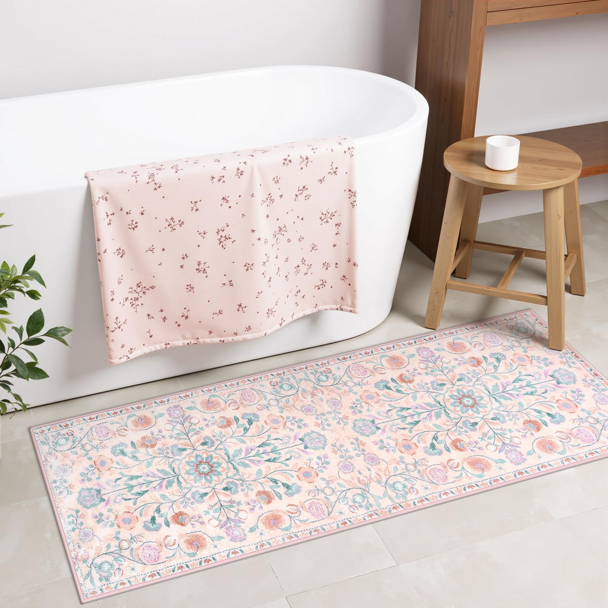 Bathroom Rug Runner Pink Floral Bath Mats Vinatge Ultra Soft Non Slip Bathroom Rugs Machine Washable Boho Farmhouse Medallion Shower Rug for Sink Tub Entryway, 18x47 inch