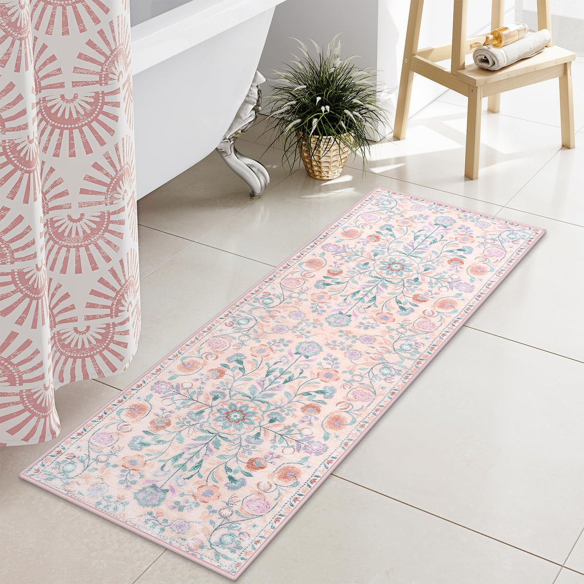 Bathroom Rug Runner Pink Floral Bath Mats Vinatge Ultra Soft Non Slip Bathroom Rugs Machine Washable Boho Farmhouse Medallion Shower Rug for Sink Tub Entryway, 18x47 inch