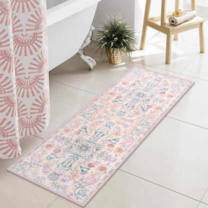 Bathroom Rug Runner Pink Floral Bath Mats Vinatge Ultra Soft Non Slip Bathroom Rugs Machine Washable Boho Farmhouse Medallion Shower Rug for Sink Tub Entryway, 18x47 inch