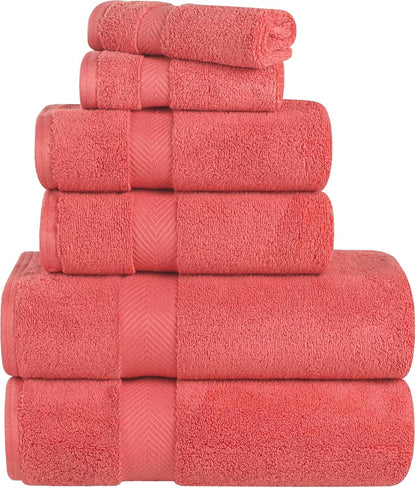 Zero Twist 100% Cotton Bathroom Towels, Super Soft, Fluffy, and Absorbent, Premium Quality 6 Piece Towel Set with 2 Washcloths, 2 Hand Towels, and 2 Bath Towels, Coral