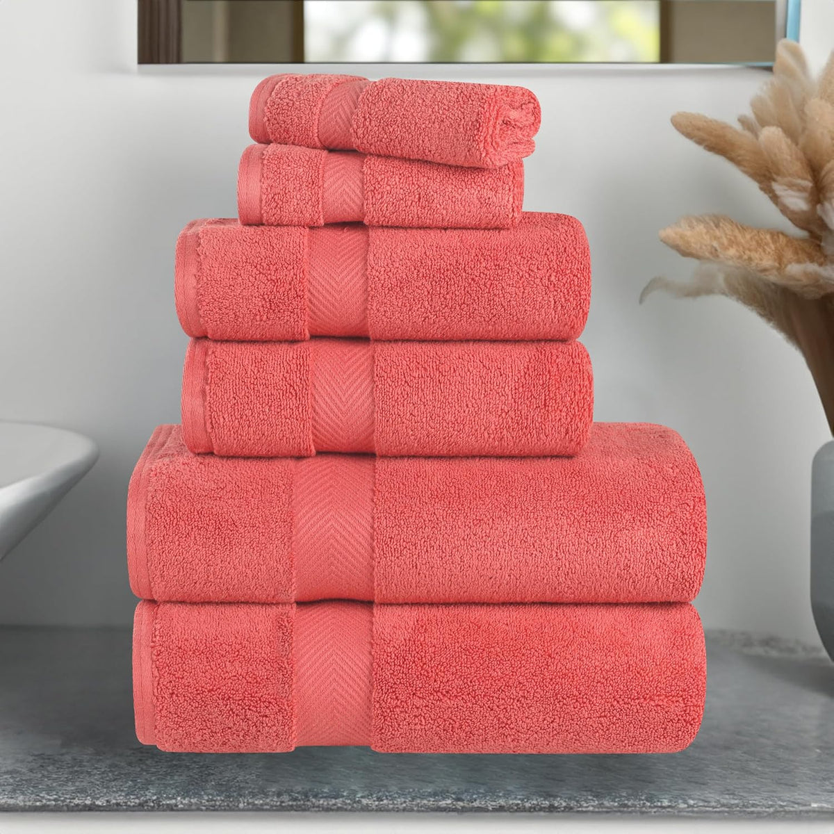 Zero Twist 100% Cotton Bathroom Towels, Super Soft, Fluffy, and Absorbent, Premium Quality 6 Piece Towel Set with 2 Washcloths, 2 Hand Towels, and 2 Bath Towels, Coral