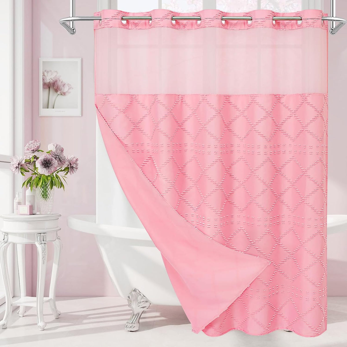 Pink No Hook Tufted Shower Curtain with Snap-in Liner Set, 72 x 74 Inch