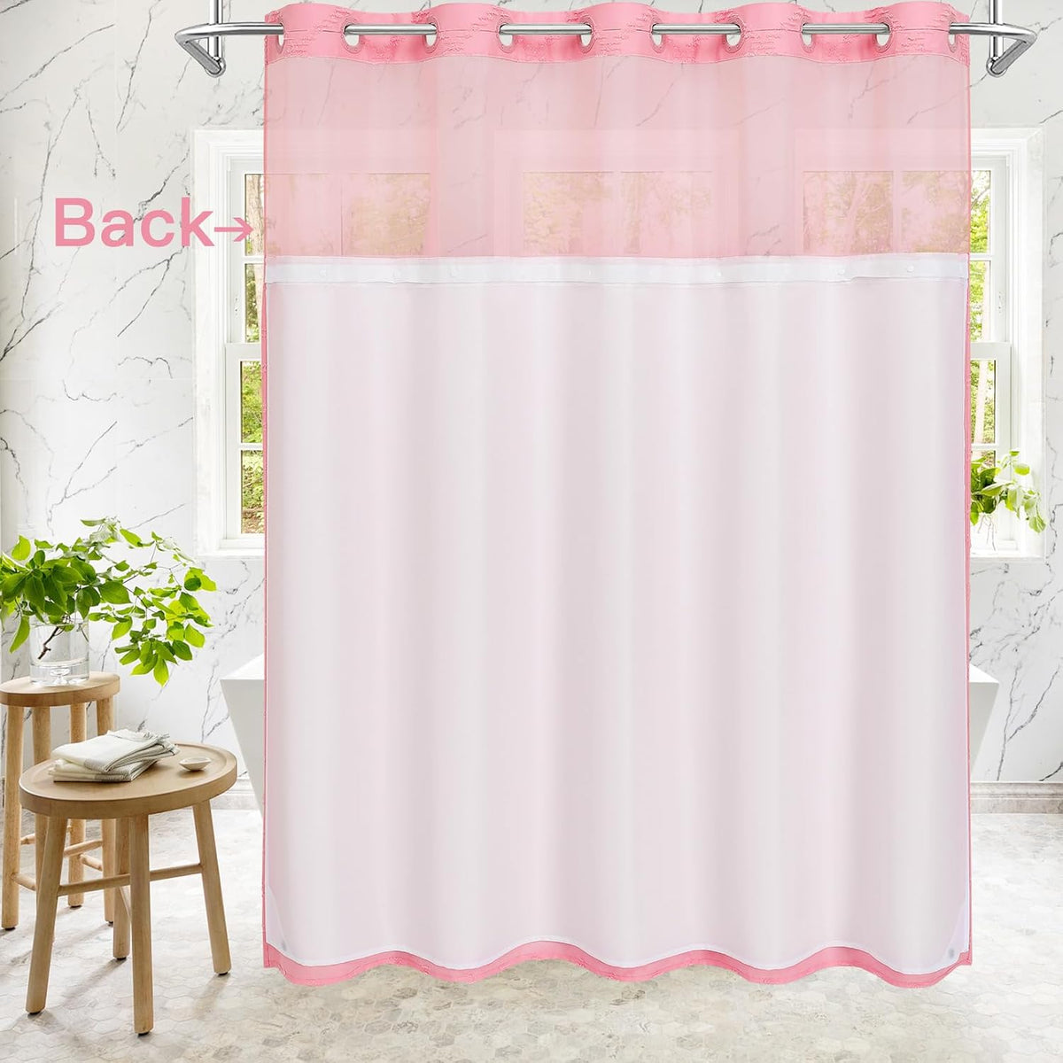 Pink No Hook Tufted Shower Curtain with Snap-in Liner Set, 72 x 74 Inch