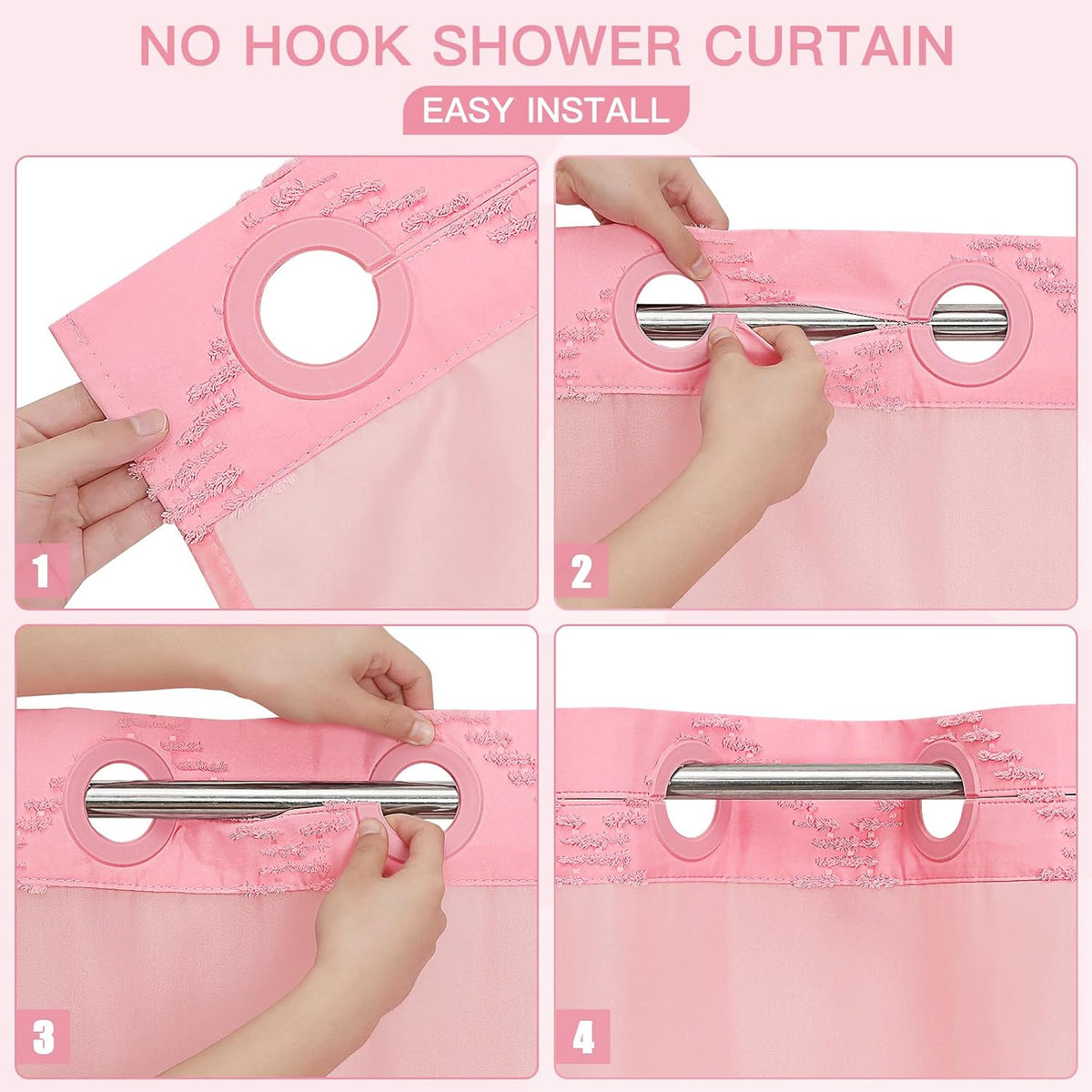 Pink No Hook Tufted Shower Curtain with Snap-in Liner Set, 72 x 74 Inch