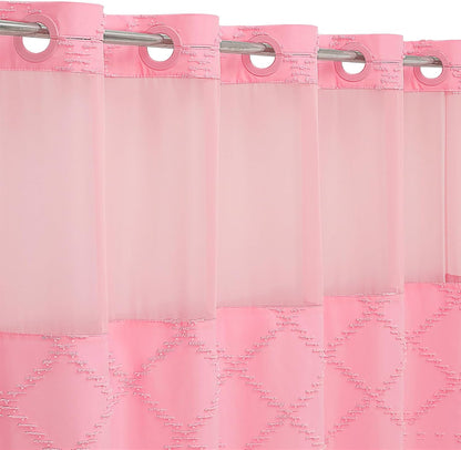 Pink No Hook Tufted Shower Curtain with Snap-in Liner Set, 72 x 74 Inch