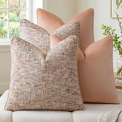 Light Pink 4 Pack Throw Pillow Covers - Chenille & Velvet Set with Piping, Farmhouse Textured Design Pillow Cases for Couch Sofa Bed Livingroom (18x18 Inch, No Insert)