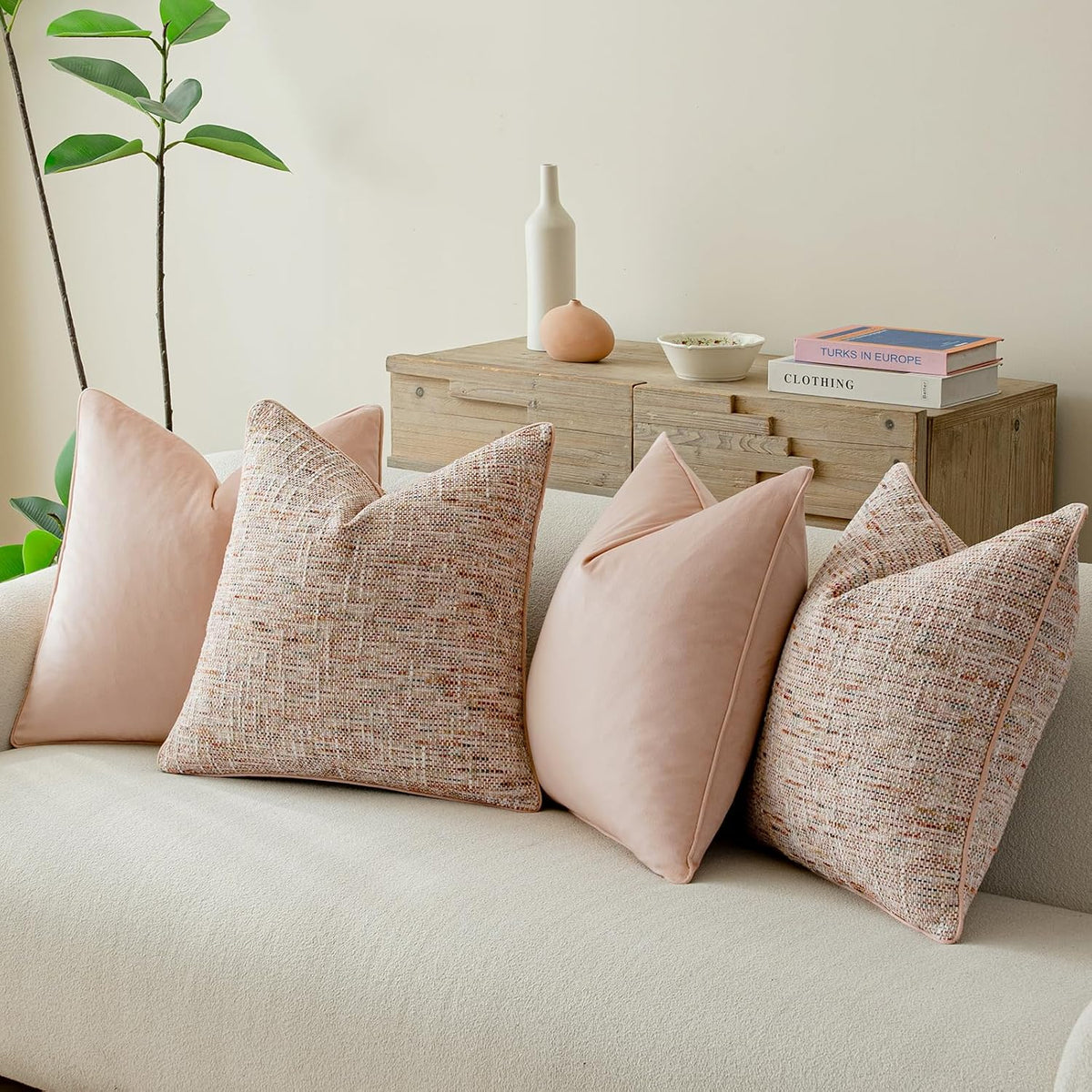 Light Pink 4 Pack Throw Pillow Covers - Chenille & Velvet Set with Piping, Farmhouse Textured Design Pillow Cases for Couch Sofa Bed Livingroom (18x18 Inch, No Insert)