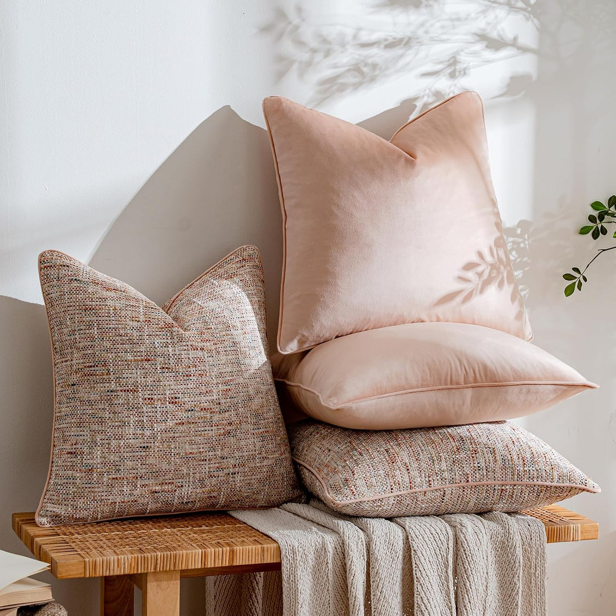 Light Pink 4 Pack Throw Pillow Covers - Chenille & Velvet Set with Piping, Farmhouse Textured Design Pillow Cases for Couch Sofa Bed Livingroom (18x18 Inch, No Insert)