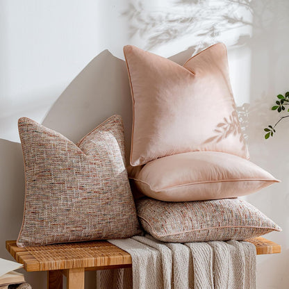 Light Pink 4 Pack Throw Pillow Covers - Chenille & Velvet Set with Piping, Farmhouse Textured Design Pillow Cases for Couch Sofa Bed Livingroom (18x18 Inch, No Insert)