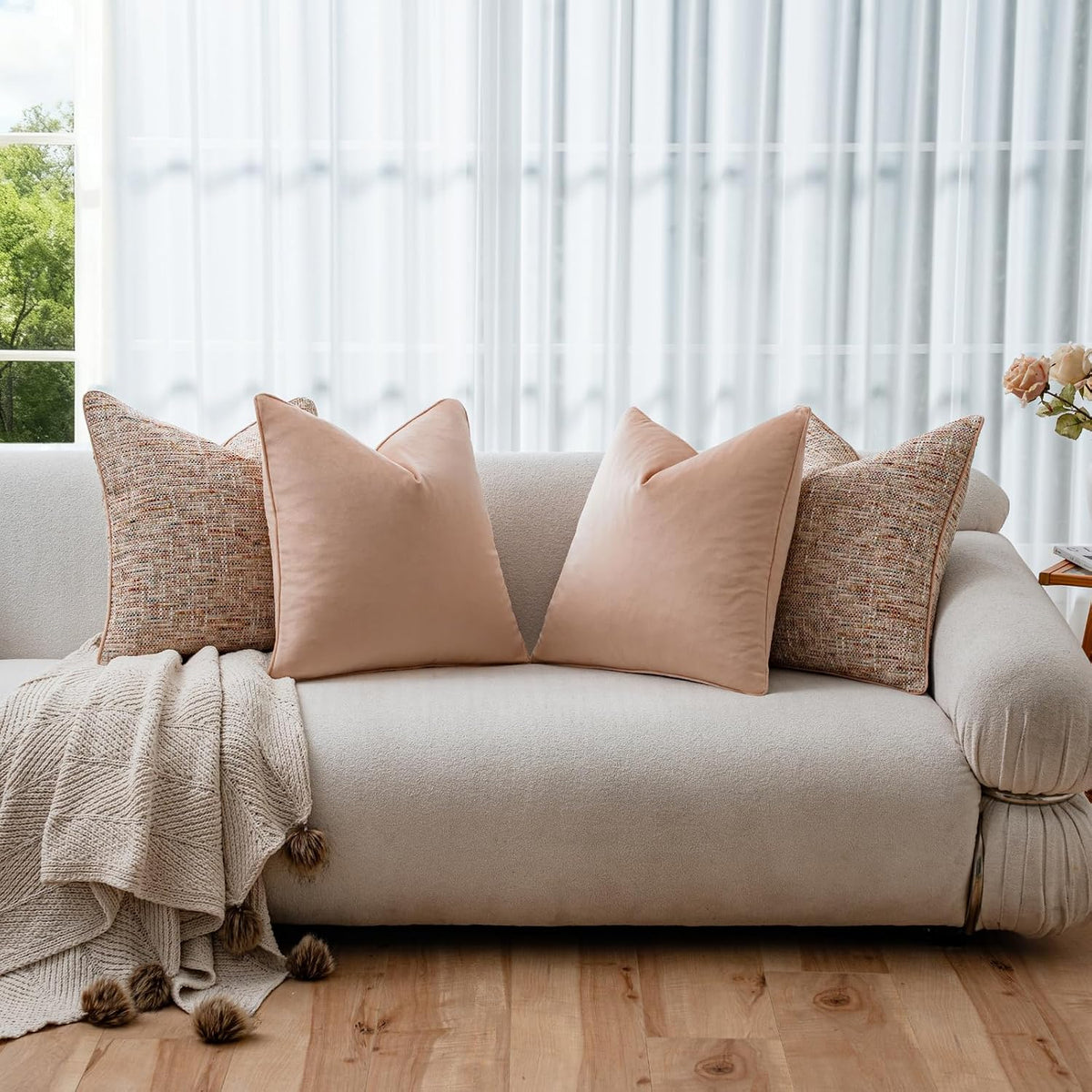 Light Pink 4 Pack Throw Pillow Covers - Chenille & Velvet Set with Piping, Farmhouse Textured Design Pillow Cases for Couch Sofa Bed Livingroom (18x18 Inch, No Insert)