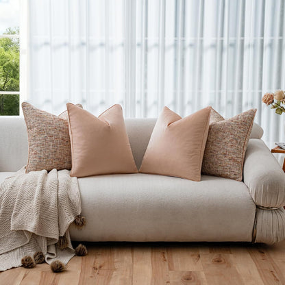 Light Pink 4 Pack Throw Pillow Covers - Chenille & Velvet Set with Piping, Farmhouse Textured Design Pillow Cases for Couch Sofa Bed Livingroom (18x18 Inch, No Insert)