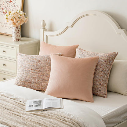 Light Pink 4 Pack Throw Pillow Covers - Chenille & Velvet Set with Piping, Farmhouse Textured Design Pillow Cases for Couch Sofa Bed Livingroom (18x18 Inch, No Insert)