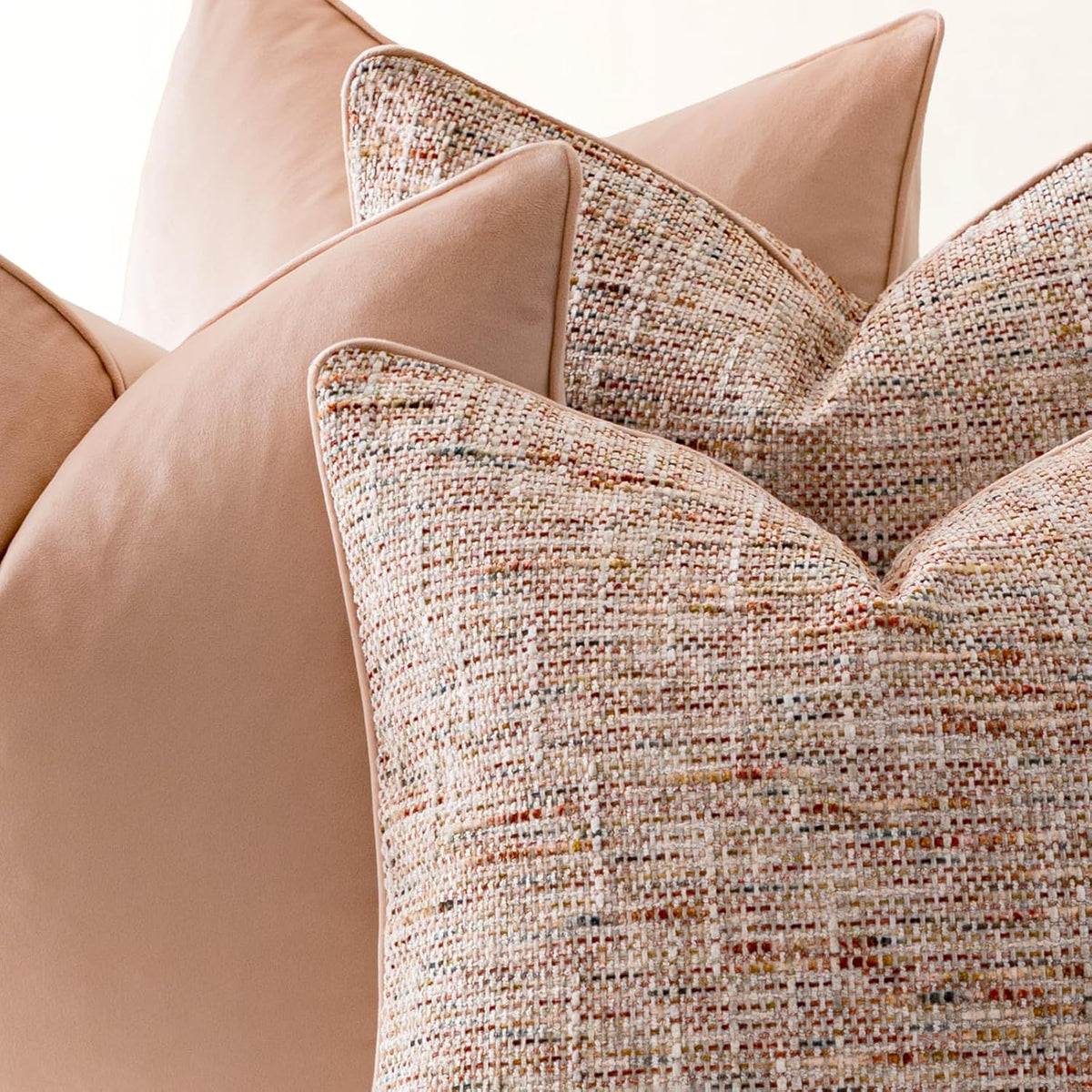 Light Pink 4 Pack Throw Pillow Covers - Chenille & Velvet Set with Piping, Farmhouse Textured Design Pillow Cases for Couch Sofa Bed Livingroom (18x18 Inch, No Insert)