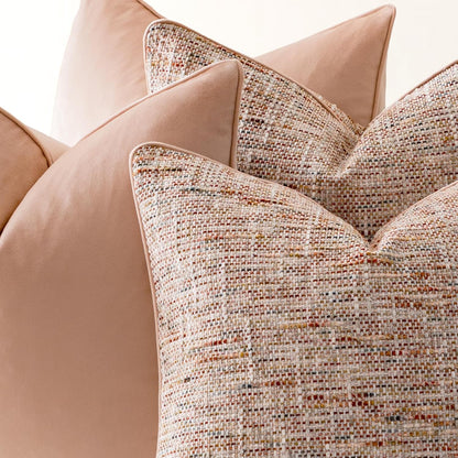 Light Pink 4 Pack Throw Pillow Covers - Chenille & Velvet Set with Piping, Farmhouse Textured Design Pillow Cases for Couch Sofa Bed Livingroom (18x18 Inch, No Insert)