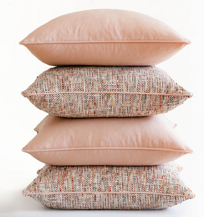 Light Pink 4 Pack Throw Pillow Covers - Chenille & Velvet Set with Piping, Farmhouse Textured Design Pillow Cases for Couch Sofa Bed Livingroom (18x18 Inch, No Insert)