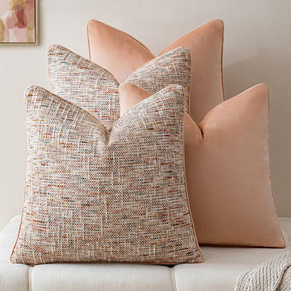 Light Pink 4 Pack Throw Pillow Covers - Chenille & Velvet Set with Piping, Farmhouse Textured Design Pillow Cases for Couch Sofa Bed Livingroom (18x18 Inch, No Insert)
