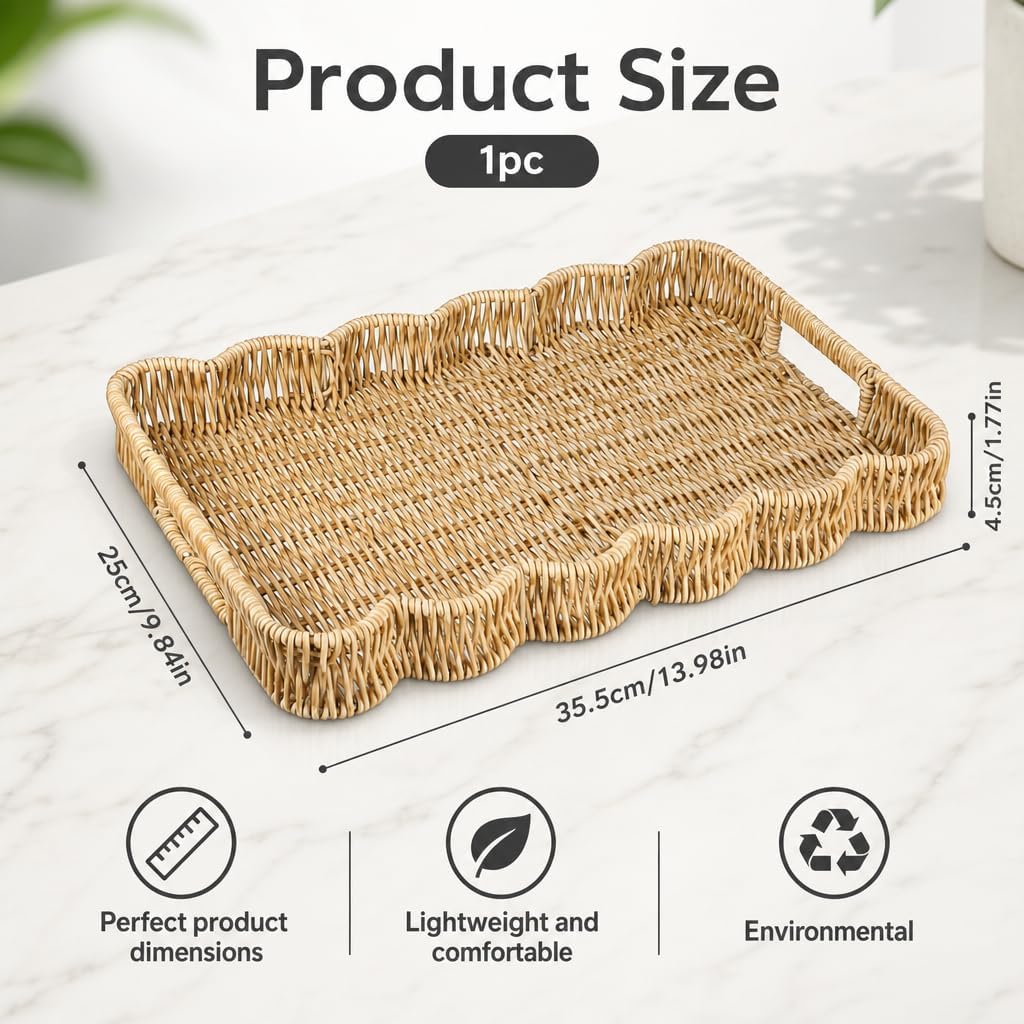 Scalloped Tray Rectangle with Handles, Plastic Hand Woven Serving Trays Rustic Coffee Table Decorative Tray for Living Room, Kitchen, Bathroom, Dining Table Decor