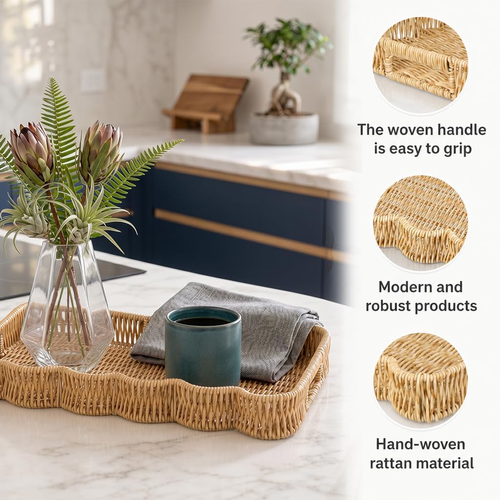 Scalloped Tray Rectangle with Handles, Plastic Hand Woven Serving Trays Rustic Coffee Table Decorative Tray for Living Room, Kitchen, Bathroom, Dining Table Decor