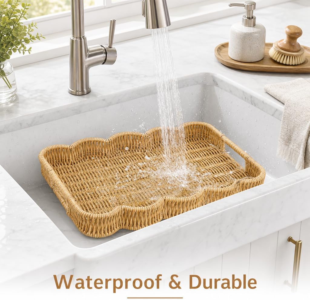 Scalloped Tray Rectangle with Handles, Plastic Hand Woven Serving Trays Rustic Coffee Table Decorative Tray for Living Room, Kitchen, Bathroom, Dining Table Decor