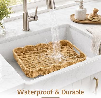Scalloped Tray Rectangle with Handles, Plastic Hand Woven Serving Trays Rustic Coffee Table Decorative Tray for Living Room, Kitchen, Bathroom, Dining Table Decor