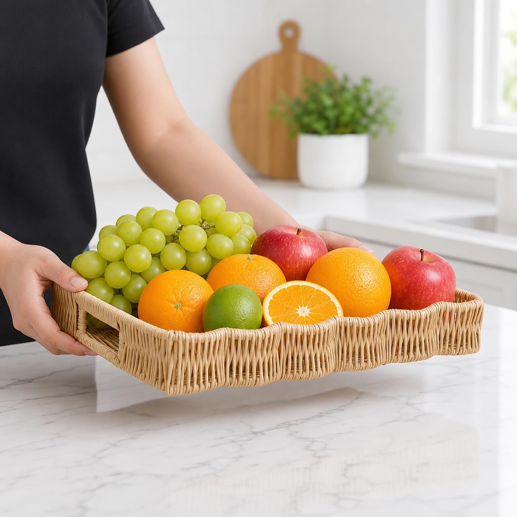 Scalloped Tray Rectangle with Handles, Plastic Hand Woven Serving Trays Rustic Coffee Table Decorative Tray for Living Room, Kitchen, Bathroom, Dining Table Decor