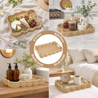 Scalloped Tray Rectangle with Handles, Plastic Hand Woven Serving Trays Rustic Coffee Table Decorative Tray for Living Room, Kitchen, Bathroom, Dining Table Decor