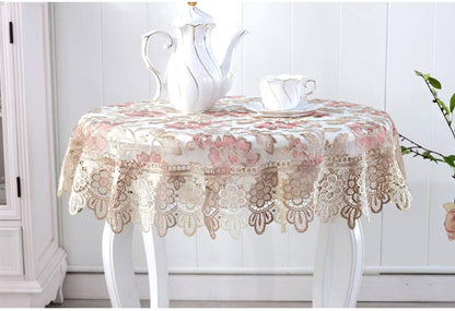 Lace Polyester Round Tablecloth Embroidery Round Table Cloths for Bedside Table Small Table(2 Seats), Round - 36", Pink