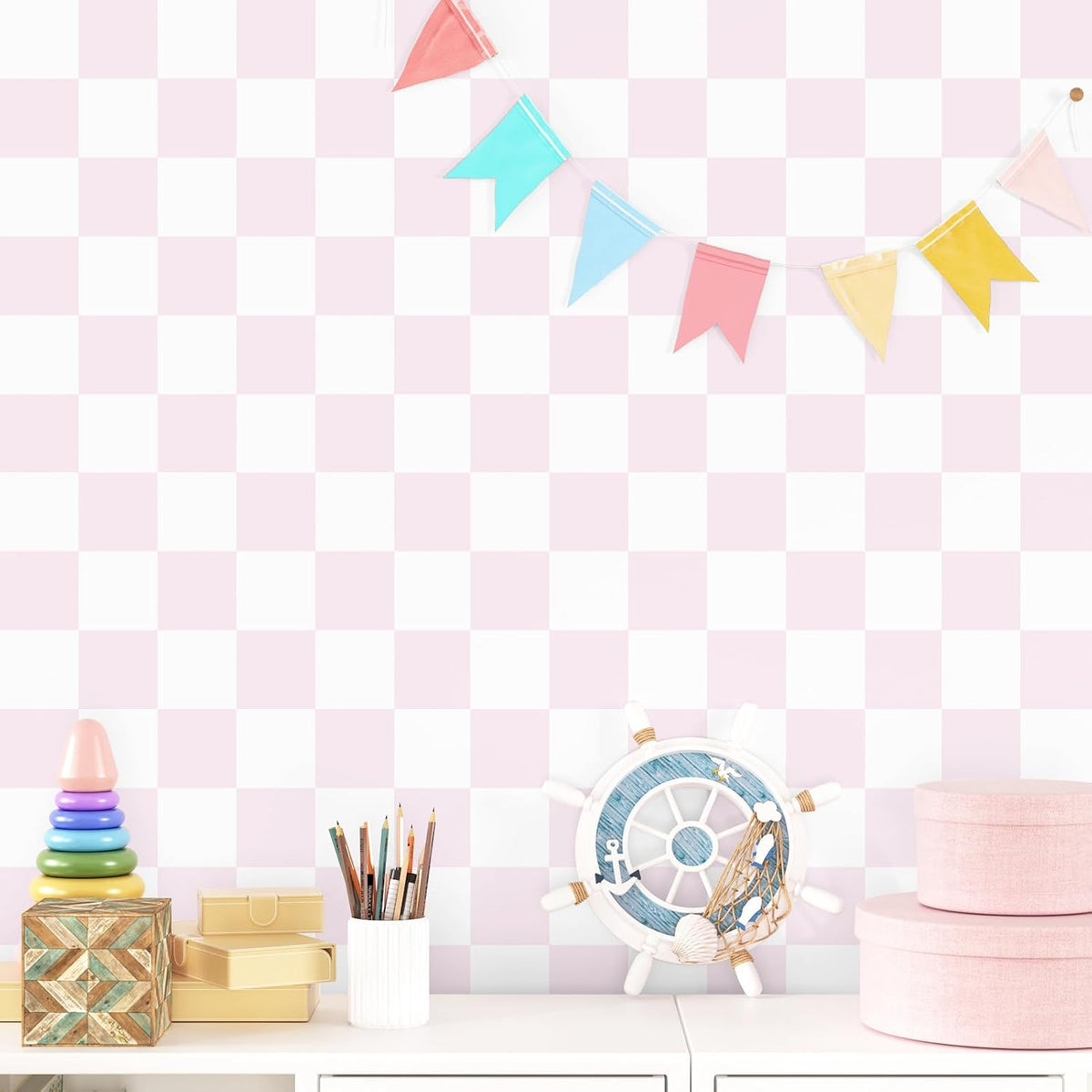 Pink Checkered Wallpaper Peel and Stick Pink and White Plaid Wallpaper for Girls Room Self Adhesive Princess Mosaic Contact Paper for Cabinets and Drawers Countertops Shelf Liner Bedroom