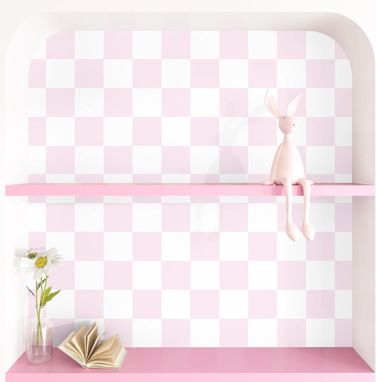 Pink Checkered Wallpaper Peel and Stick Pink and White Plaid Wallpaper for Girls Room Self Adhesive Princess Mosaic Contact Paper for Cabinets and Drawers Countertops Shelf Liner Bedroom